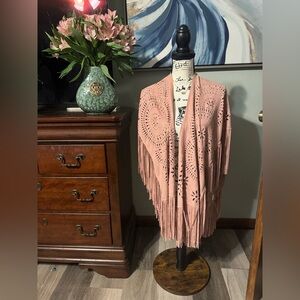 Rare! Judith March Pink Suede Fringe Poncho Kimono Shrug Sweater One Size!